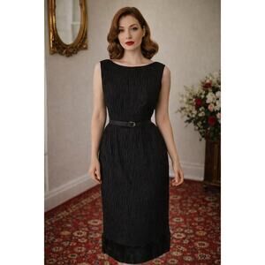 50s L'Aiglon Little Black Dress Boatneck Belted Wiggle Dress - S